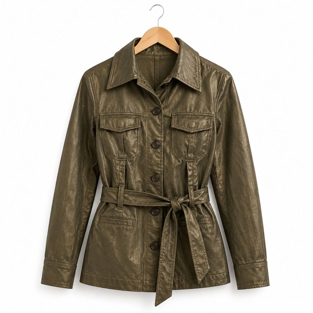 Metallic Utility Safari Belted Military Shacket Y2K Retro Da Nang Green Jacket S